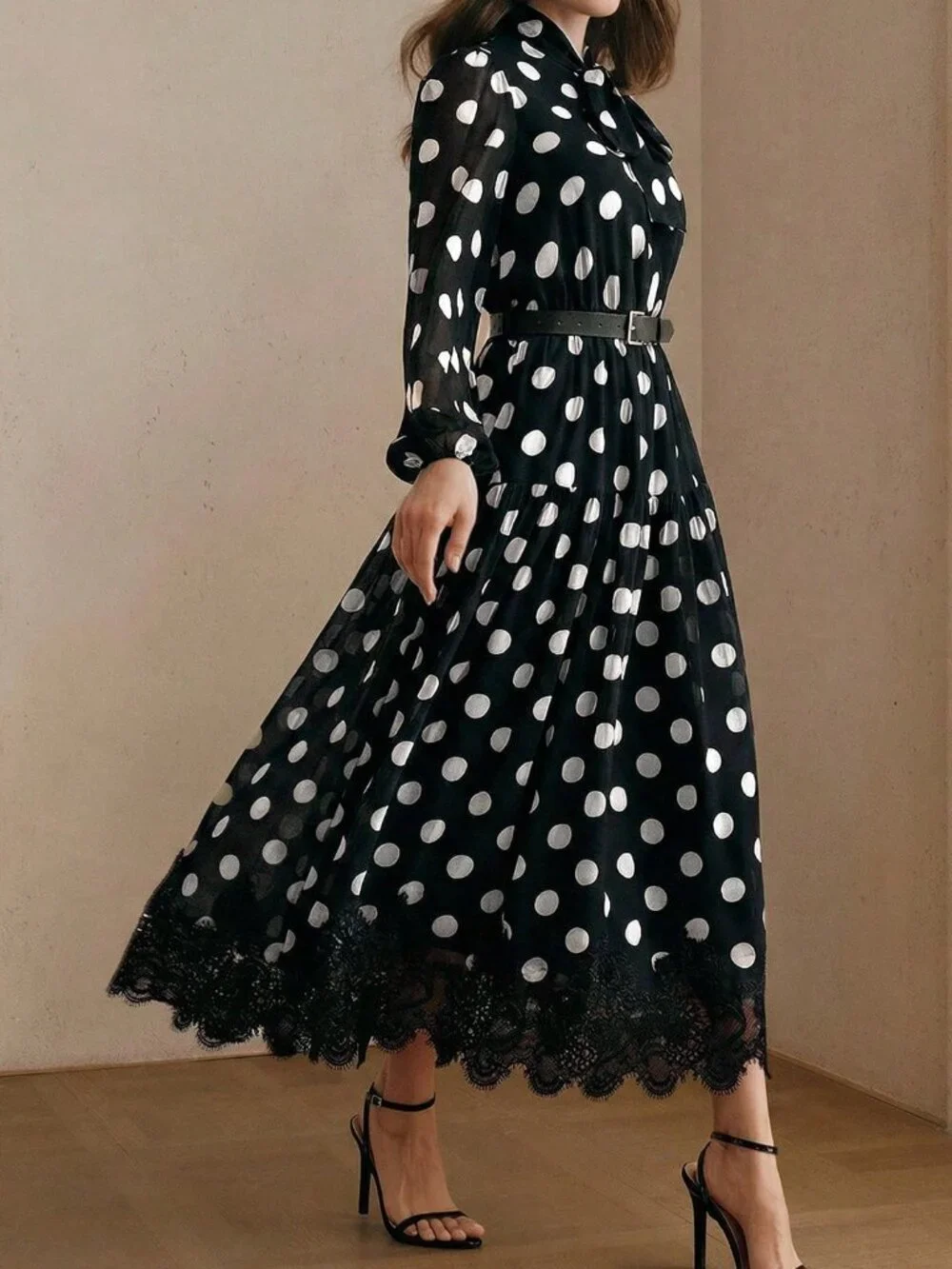 Black & White Elegant Women's Polka Dot Chiffon Lace Tie Waist Long Sleeve Dress